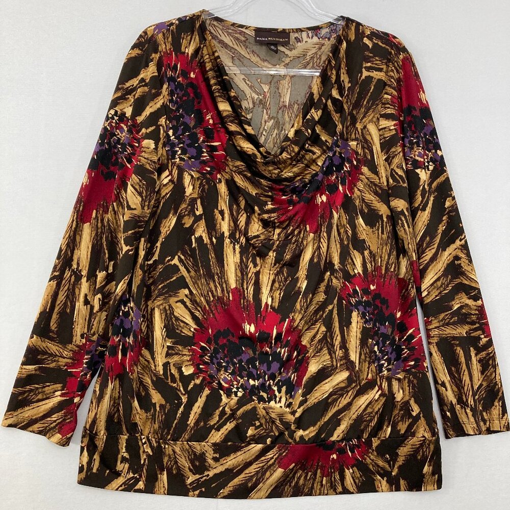 Dana Buchman XL Brown‎ Multi Abstract Artsy Stretch Knit Draped Neck Top Office